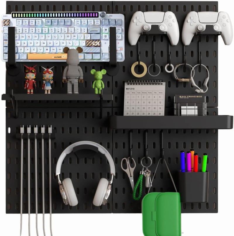 KEEPO Pegboard Combination Kit, Pegboards and Accessories Modular Hanging for Gaming Setup, Gaming Station Peg Board, Gaming Organizer, Wall Game Controller Holder, Headset Stand, (Black, 22″×22″) - Image 1